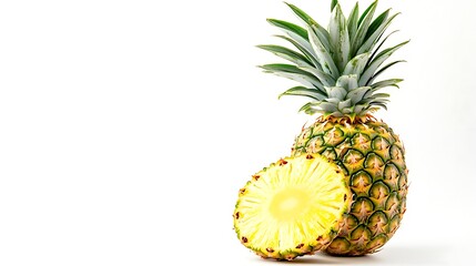 A whole pineapple and a sliced pineapple half on a white background.