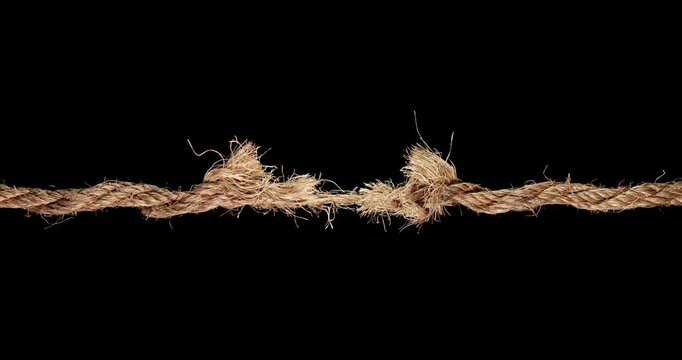 Rough rope, frayed and ready to break apart, held together by a last strand ready to snap. Concept of dangerous stress or stressful situation like divorce separation, deadlines, failure, or tension.