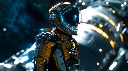 Fototapeta premium Futuristic Spaceman - Advance Technology. Portrait of a young adult in full space exploration gear. 3D Illustration. 