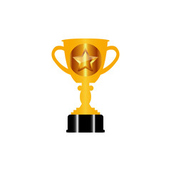 Golden 3D trophy vector with shiny realistic gold star for championship winner victory isolated on white