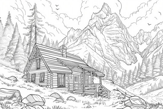 A picturesque log cabin nestled in the mountains, surrounded by tall trees and boulders, inviting a sense of tranquility and adventure.