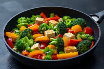Hyper-realistic scene of a vegetable stir-fry cooking in a pan, with vibrant colors and textures of bell peppers, broccoli, and tofu, highlighting a healthy weight loss dish