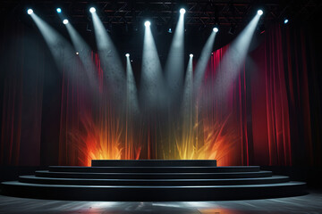 Modern Stage with Bright Spotlights and Artistic Geometric Background for Live Performances or Exhibitions
