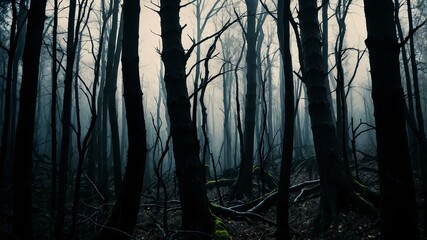 Obraz premium forest of shadows dark twisted trees in cinematic dark arts style background