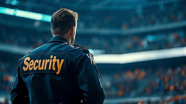 Security guard in front of a sports stadium, with the word "Security" clearly visible.