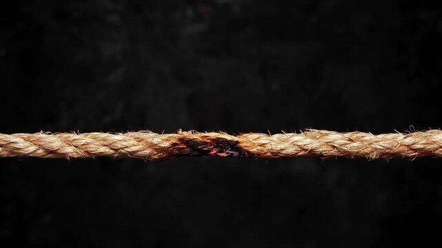 Rope stretched tight and slowly burning apart, finally snapping and breaking in two. Concept showing stress or stressful situations like divorce separation, deadlines, failure, or nervous tension.