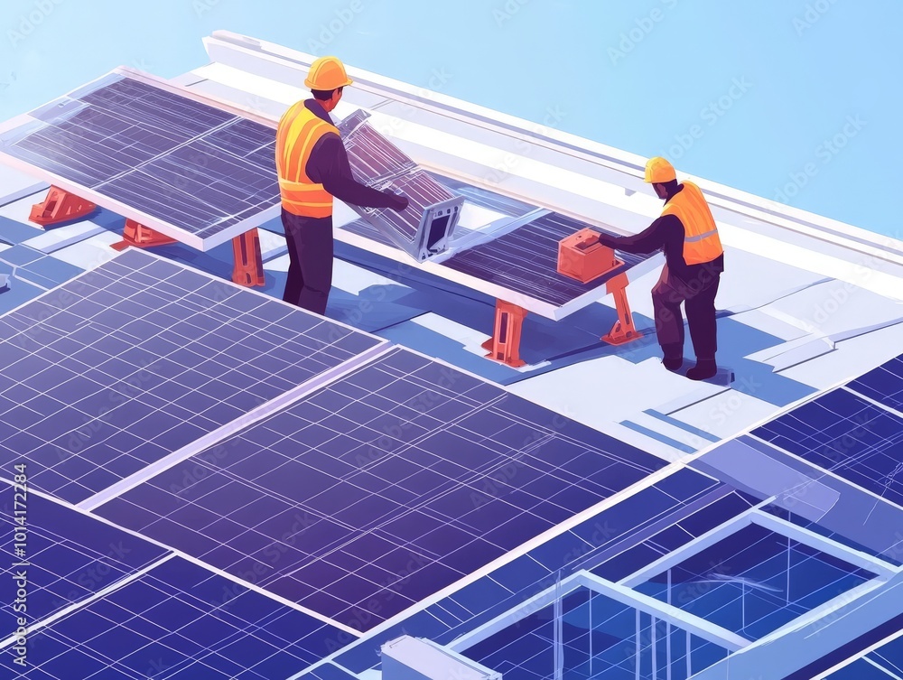 Poster workers disassembling outdated solar panels, processing them for recycling to extract valuable mater