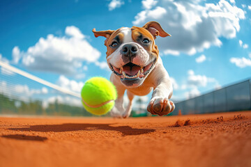 Cão brincando com bola de tênis em quadra ao ar livre, capturado em close-up com perspectiva dinâmica, mostrando expressões de alegria e energia. Cenário com céu azul e nuvens, imagem criada por IA