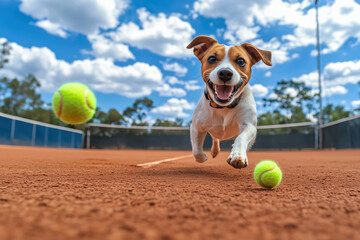 Cão brincando com bola de tênis em quadra ao ar livre, capturado em close-up com perspectiva dinâmica, mostrando expressões de alegria e energia. Cenário com céu azul e nuvens, imagem criada por IA