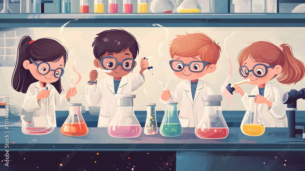 Poster four children conducting a science experiment in a laboratory