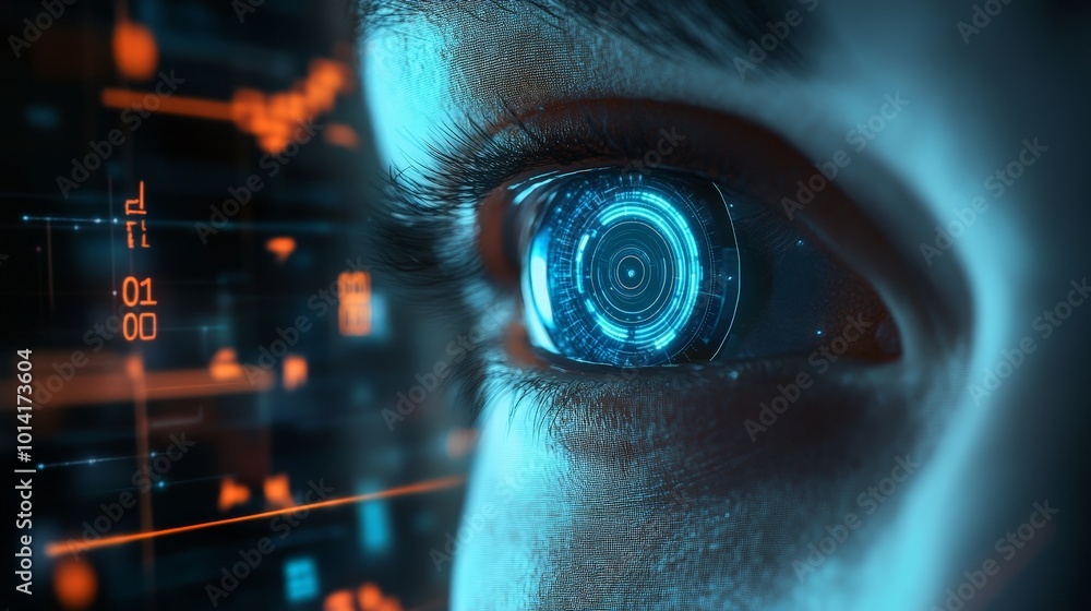 Poster biometric data being analyzed for secure access to a personal device, with futuristic fingerprint an