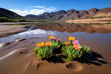 Realistic view of a desert landscape after a rainstorm, with rare flowers blooming in the sand and patches of green appearing amidst the dry landscape