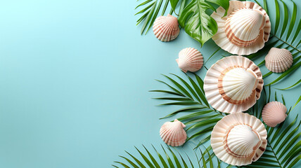 A beautiful arrangement of seashells lies gracefully among vibrant tropical leaves against a soft blue background, evoking a peaceful coastal vibe reminiscent of sunny beach days. Copy space