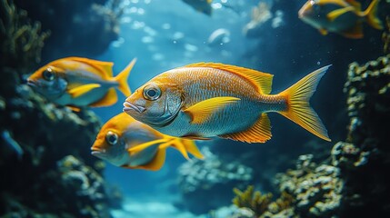 Fototapeta premium Underwater scene featuring vibrant orange fish swimming among corals.