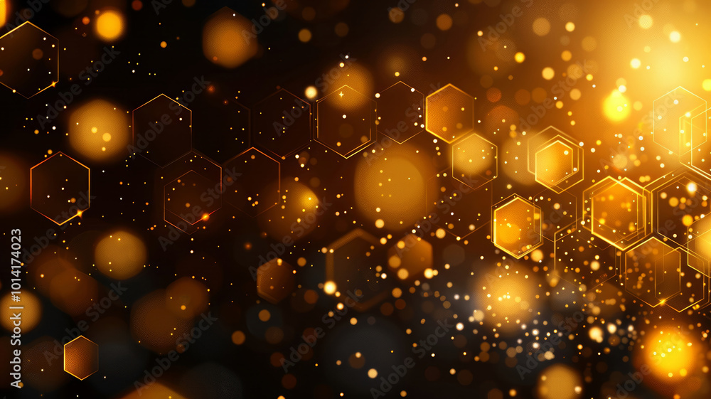 Poster a mesmerizing display of golden hexagons and sparkling particles dances in the darkness, creating an