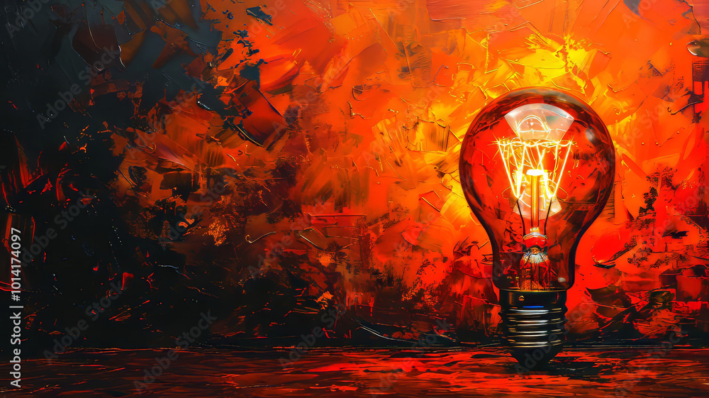Poster this captivating composition features a glowing light bulb surrounded by a vivid, fiery backdrop, cr