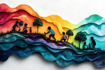 Watercolor depiction of children planting trees in a future garden, symbolizing tomorrowâ€™s generation nurturing the Earth with gentle, vibrant colors