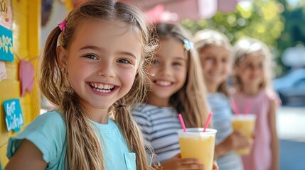 A group of children running a lemonade stand, with colorful signs and customers lined up, enjoying a summer afternoon
