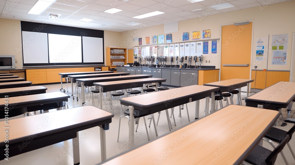 Poster empty classroom with desks and chairs arranged in rows