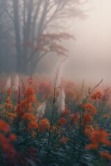 Obraz premium Misty autumn morning with tall grasses and vibrant wildflowers