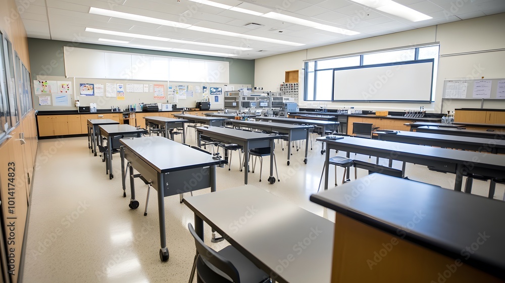 Poster empty science classroom with tables and chairs