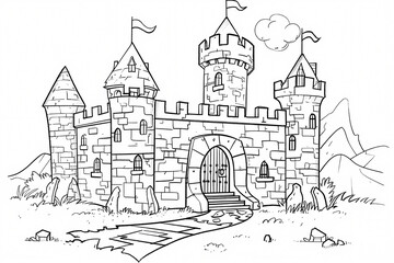 Obraz premium A whimsical black-and-white illustration of a medieval castle surrounded by mountains, perfect for coloring enthusiasts of all ages.