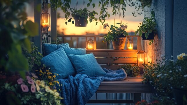 Cozy balcony with candles, plants, and blue cushions at sunset.