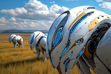 A herd of robotic animals roaming a futuristic savannah, designed to study and protect endangered species in an advanced conservation effort
