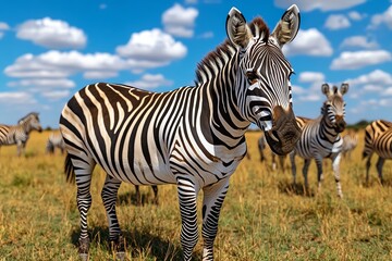 Obraz premium A herd of zebras grazing in the savannah, with their black-and-white stripes contrasting against the golden grasses and blue sky, showcasing the diverse wildlife of the savannah