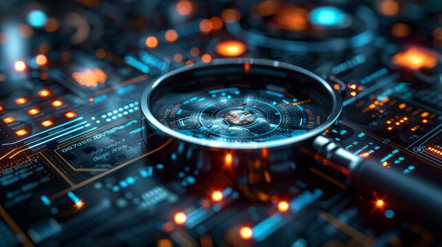 Magnifying Glass Analyzing Futuristic Circuit Board, Big Data and Technology Concept.