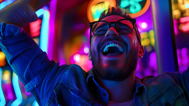 Game show contestant cheering after solving final puzzle for grand prize