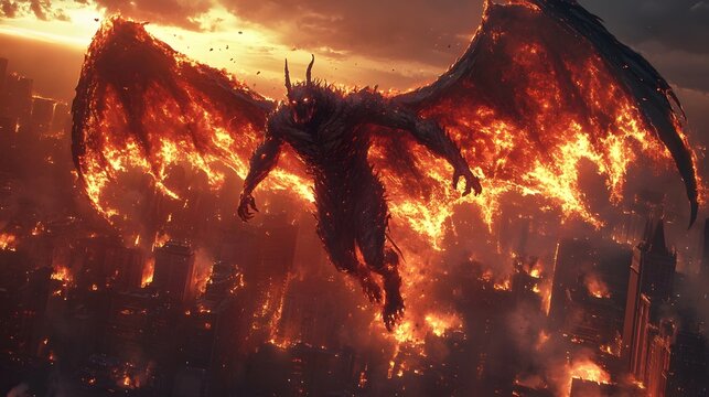 A fearsome demon figure with fiery wings flying over a burning city