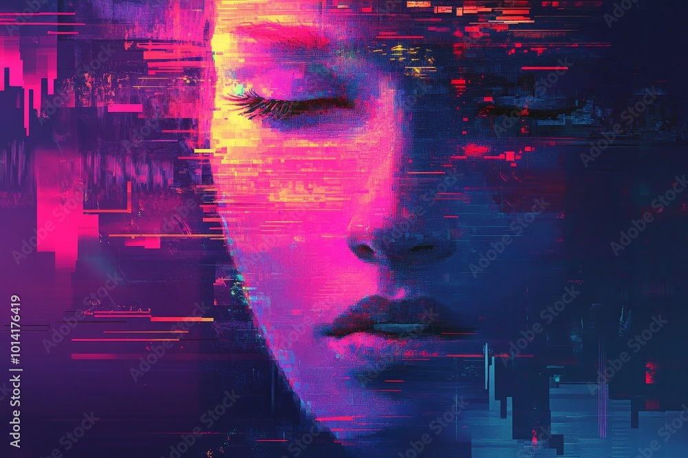 Poster digital art quote design with bold, pixelated patterns and glitch effects for a tech-savvy, modern l