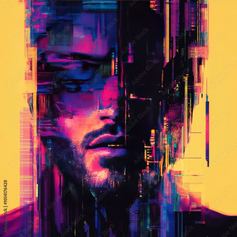 Poster digital art quote design with pixelated patterns and glitch effects, creating a modern and edgy face