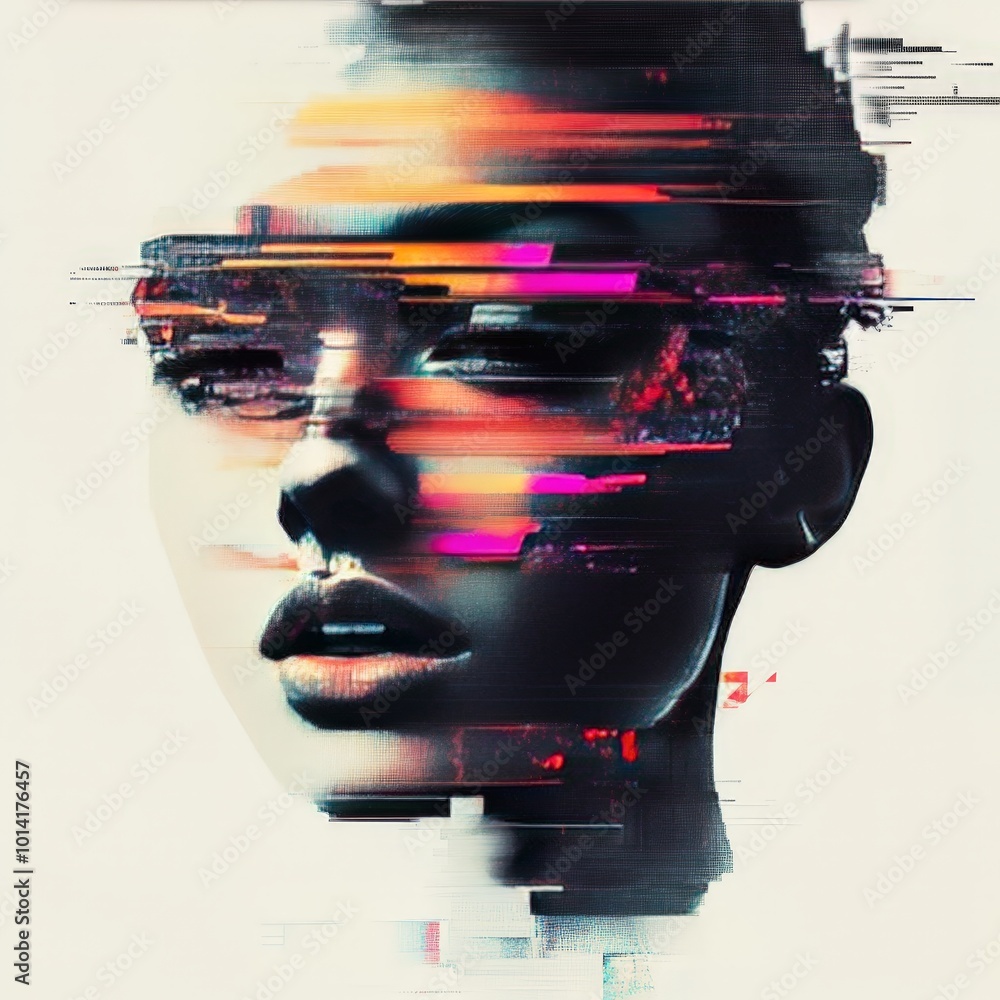 Poster digital art quote design with pixelated patterns and glitch effects, creating a modern and edgy face