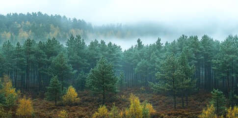 A misty forest with tall pine trees and vibrant yellow foliage in the foreground.