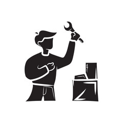 Silhouette of a man holding a repair tool in the form of a tool and beside him there is a box to be repaired with a white background, Server maintenance Silhouette