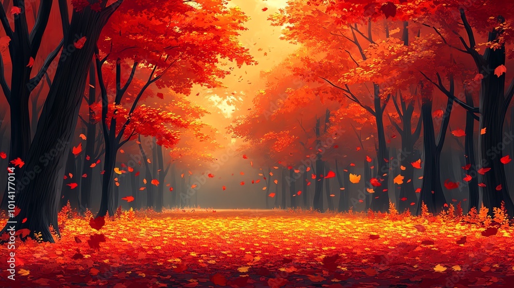 Poster a misty forest path lined with vibrant red trees in autumn, with falling leaves and a carpet of red 