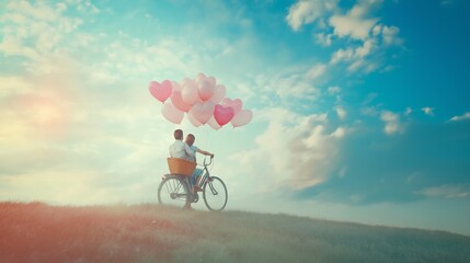 Fototapeta premium Couple cycling pastel colored bicycle basket heart-shaped balloons whimsical. AI generated