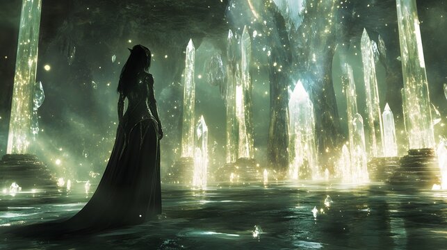 A beautiful elven queen standing in a shimmering palace with glowing crystals