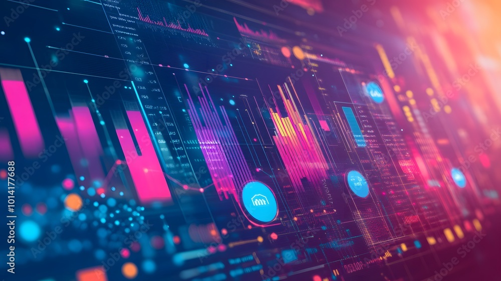 Poster abstract digital interface with data visualization and colorful graphics