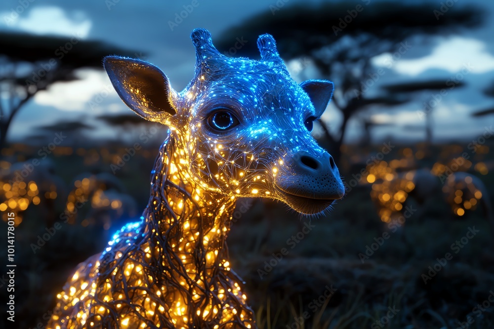 Poster a mystical savannah where animals glow with ethereal light, and acacia trees are covered in magical 