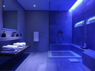 A modern bathroom with blue lighting, a glass shower, and a tiled floor.  There is a sink with a mirror and towels on a shelf.  The shower is tiled in blue and white.