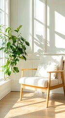 Fototapeta premium Sunny room featuring a white cushioned wooden armchair next to a large leafy indoor plant, creating a relaxing atmosphere.