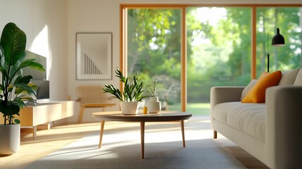 Fototapeta premium Modern living room filled with natural light, featuring minimalist furniture, indoor plants, and large windows overlooking greenery.