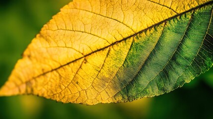 Fototapeta premium Vibrant autumnal leaf with a blend of yellow and green hues. The long leaf showcases a smooth transition from light yellow edges to deep green near the base, highlighting visible veins