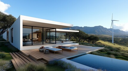 Home solar panels roof wind turbine energy system providing sustainable power. AI generated