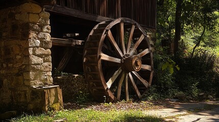 Obraz premium An Iconic Mill Wheel, Capturing the Essence of Rustic Charm and Historical Significance. This Beautifully Detailed Illustration Highlights the Mechanism of Traditional Water Mills,
