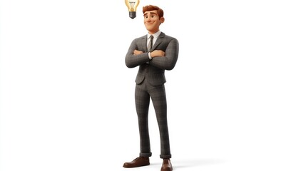 Obraz premium A cartoon businessman with a lightbulb above his head, smiling and looking confident. He's wearing a grey suit, with arms crossed.