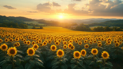 Obraz premium Sunlit Field of Blooming Sunflowers Under a Vibrant Sky